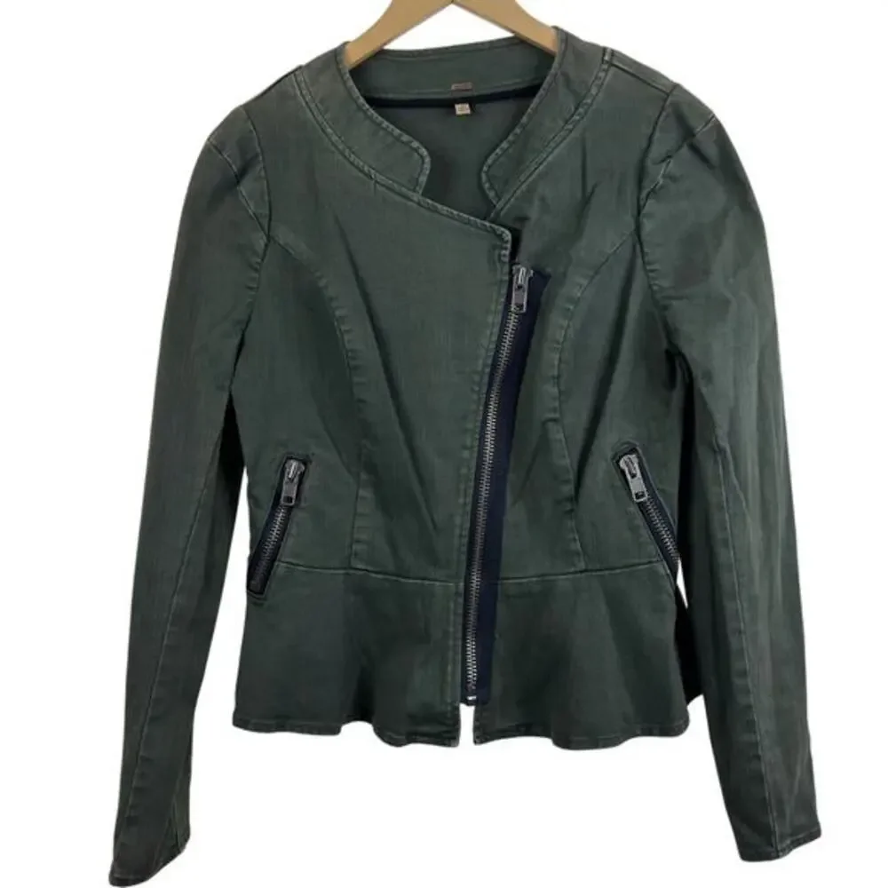 Free People Peplum Olive Denim Military Utility Jacket Size 12 - Picture 2 of 9